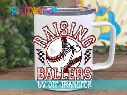 Raising Ballers Baseball UV DTF transfer displayed on a white coffee mug from Swiit Creations