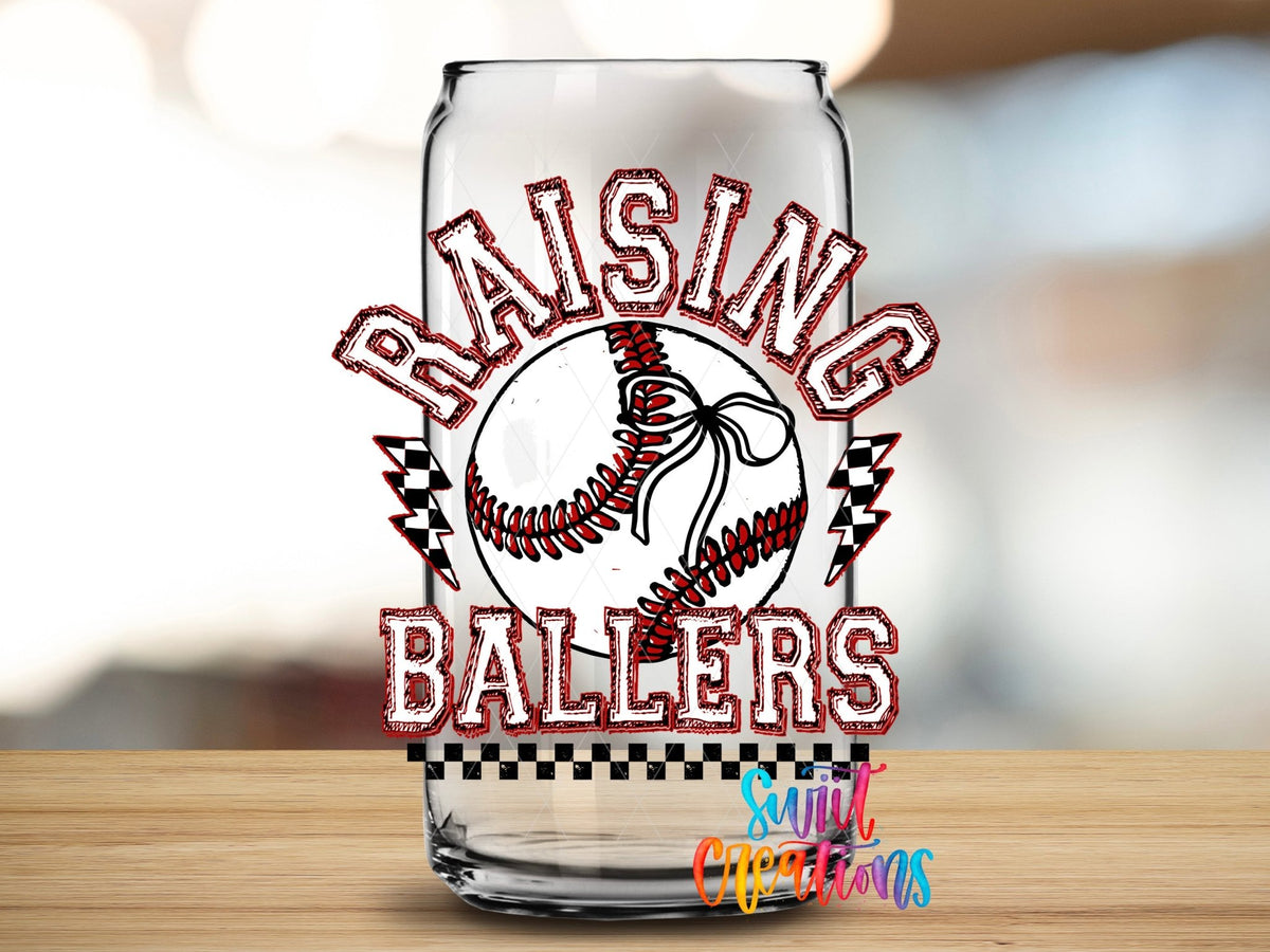 Raising Ballers Baseball UV DTF transfer applied to a clear glass can from Swiit Creations