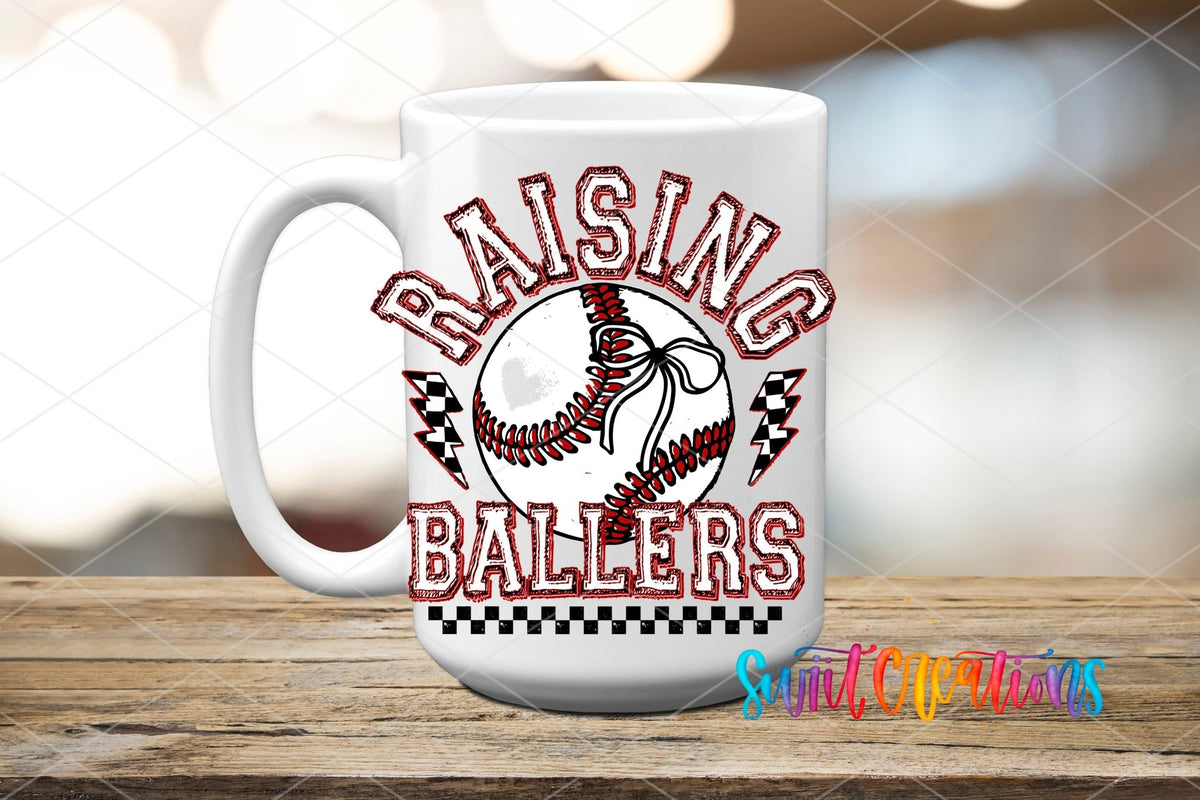 Raising Ballers Baseball UV DTF transfer displayed on a white ceramic mug from Swiit Creations