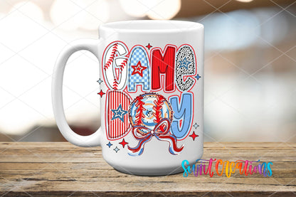 Red White and Blue Game Day Baseball UV DTF transfer displayed on a white ceramic mug from Swiit Creations