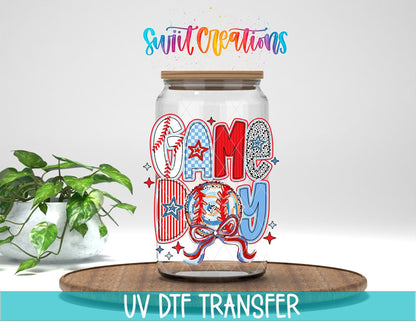 Red White and Blue Game Day Baseball UV DTF transfer displayed on a clear jar mockup from Swiit Creations