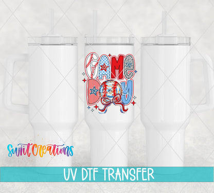 Red White and Blue Game Day Baseball UV DTF transfer applied to a white tumbler set from Swiit Creations