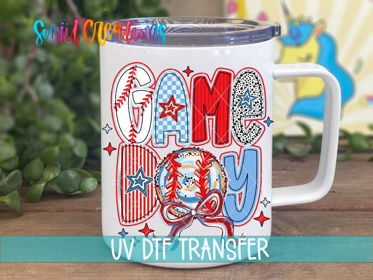 Red White and Blue Game Day Baseball UV DTF transfer displayed on a white coffee mug from Swiit Creations