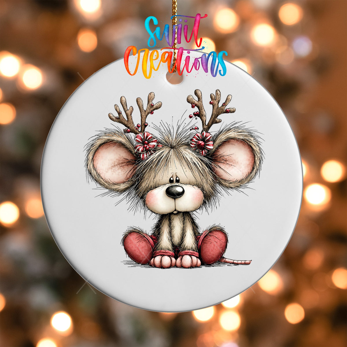 Reindeer Mouse Ornament UV DTF Transfer | Peppermint Christmas Mouse with Branch Antlers | O-2161 - Swiit Creations