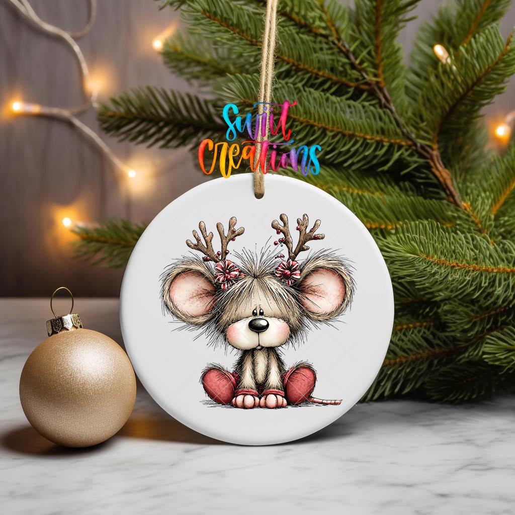 Reindeer Mouse Ornament UV DTF Transfer | Peppermint Christmas Mouse with Branch Antlers | O-2161 - Swiit Creations