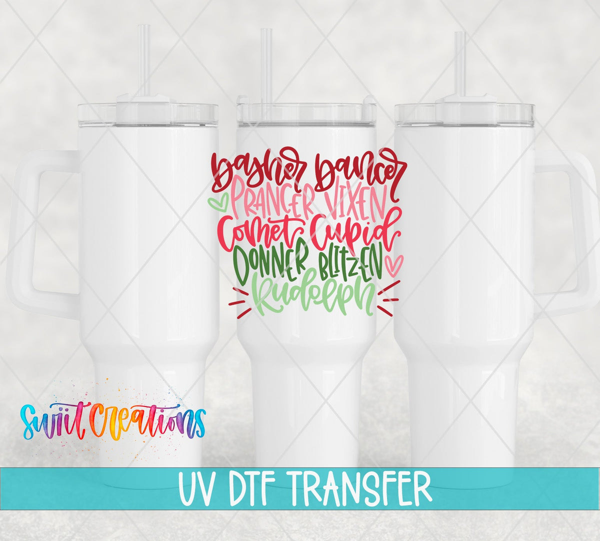 Three white tumblers featuring the Reindeer Names Christmas UV DTF transfer by Swiit Creations