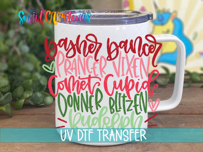 Swiit Creations Reindeer Names Christmas UV DTF transfer displayed on a white coffee mug