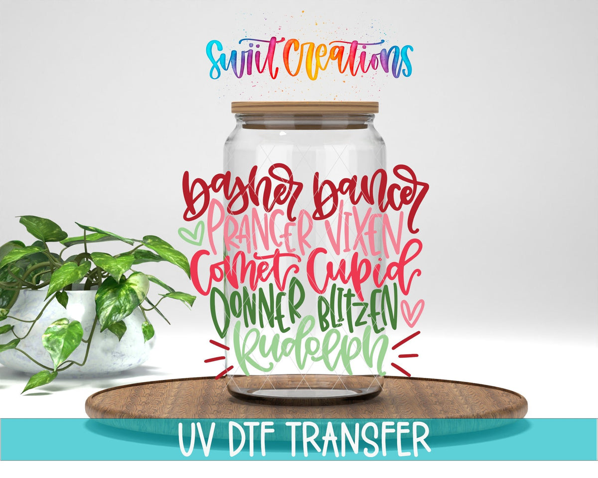 Swiit Creations Reindeer Names Christmas UV DTF transfer displayed on a clear glass jar mockup