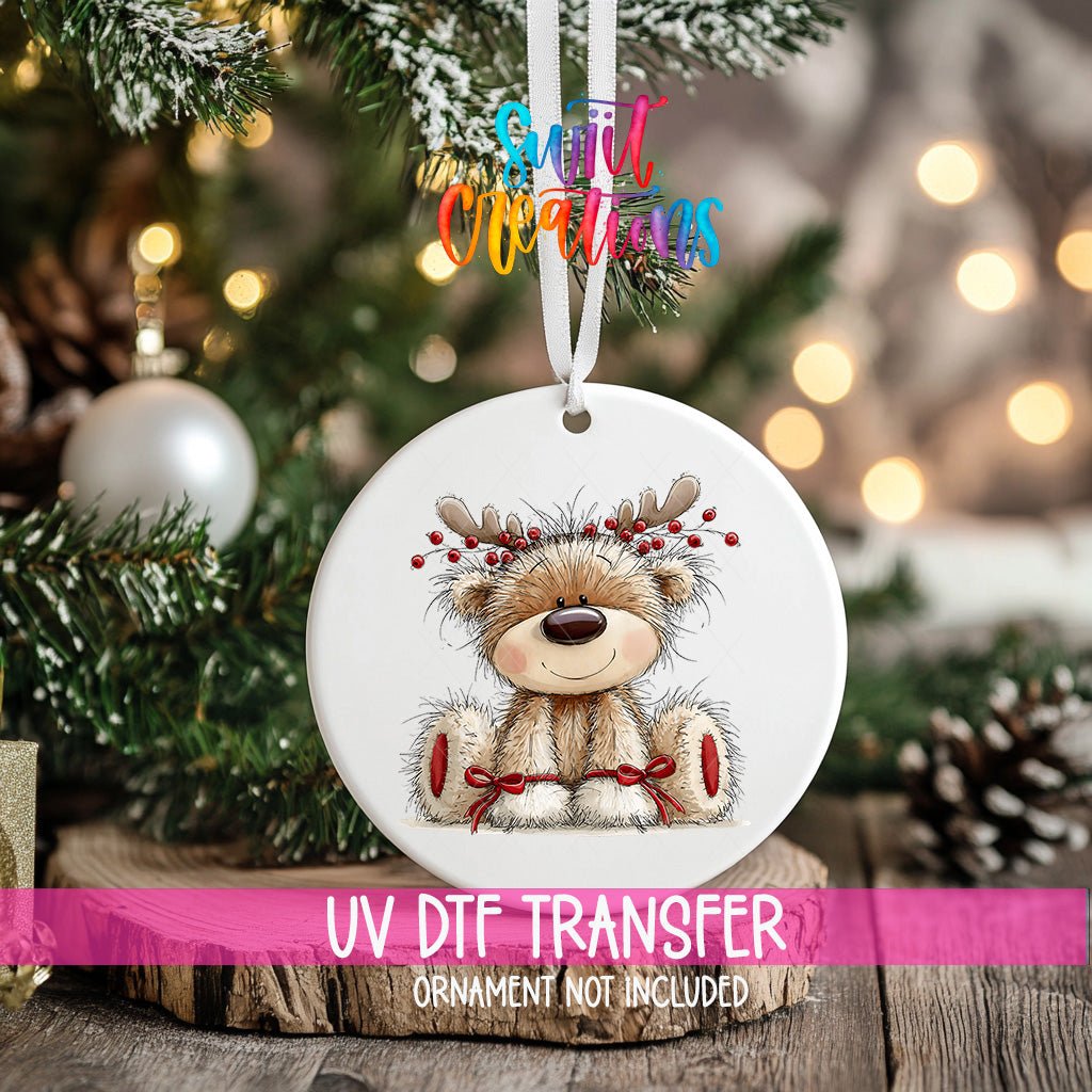 Reindeer Teddy Bear Ornament UV DTF Transfer | Fluffy Bear with Antlers Berries and Red Bows | O-2176 - Swiit Creations