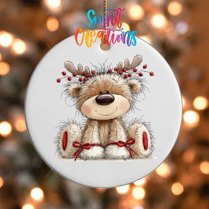 Reindeer Teddy Bear Ornament UV DTF Transfer | Fluffy Bear with Antlers Berries and Red Bows | O-2176 - Swiit Creations
