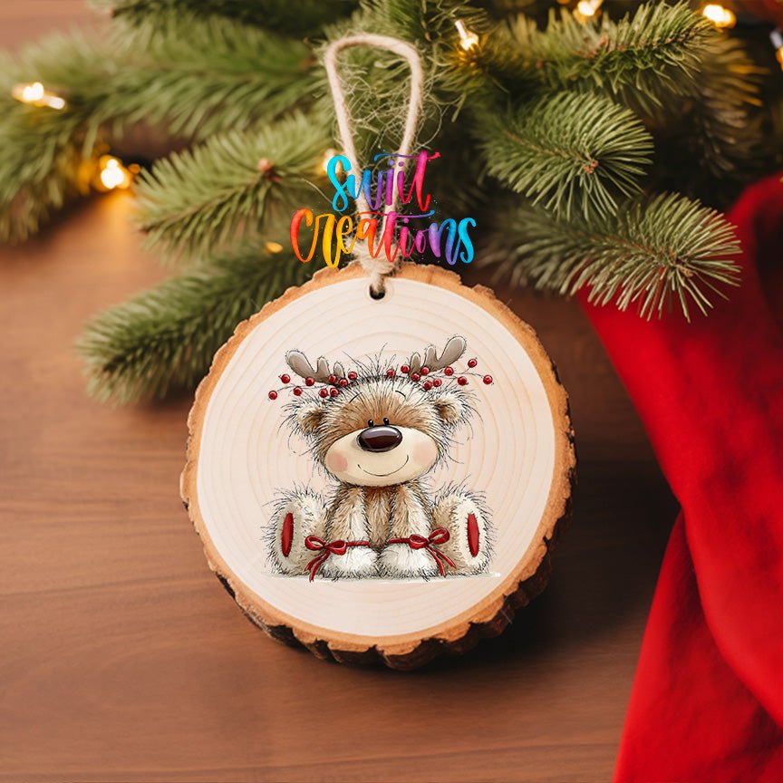 Reindeer Teddy Bear Ornament UV DTF Transfer | Fluffy Bear with Antlers Berries and Red Bows | O-2176 - Swiit Creations