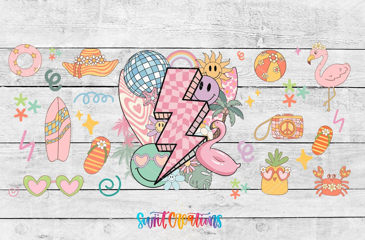 Retro Beach UV DTF Transfer Tumbler Wrap | Smiley Lightning Summer Tumbler Decal | DTF256 - Swiit Creations