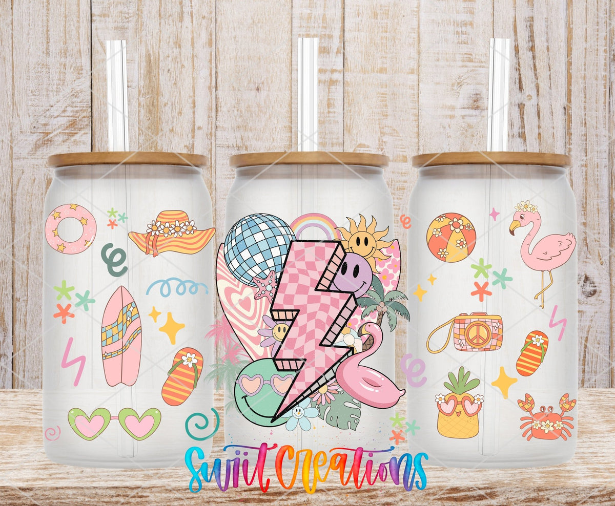 Retro Beach UV DTF Transfer Tumbler Wrap | Smiley Lightning Summer Tumbler Decal | DTF256 - Swiit Creations
