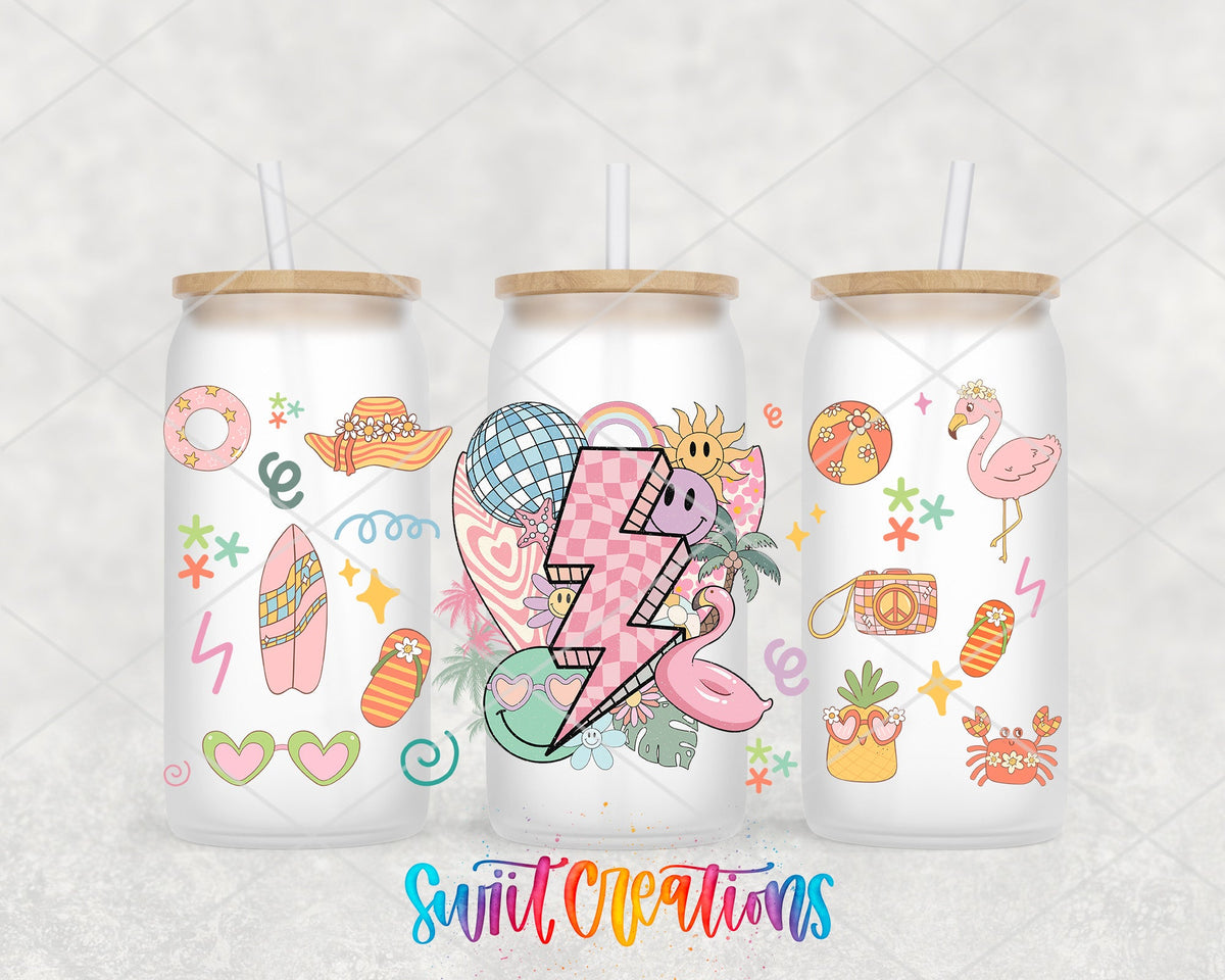 Retro Beach UV DTF Transfer Tumbler Wrap | Smiley Lightning Summer Tumbler Decal | DTF256 - Swiit Creations