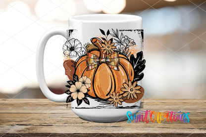 Retro Boho Pumpkin UV DTF transfer displayed on a white ceramic mug from Swiit Creations