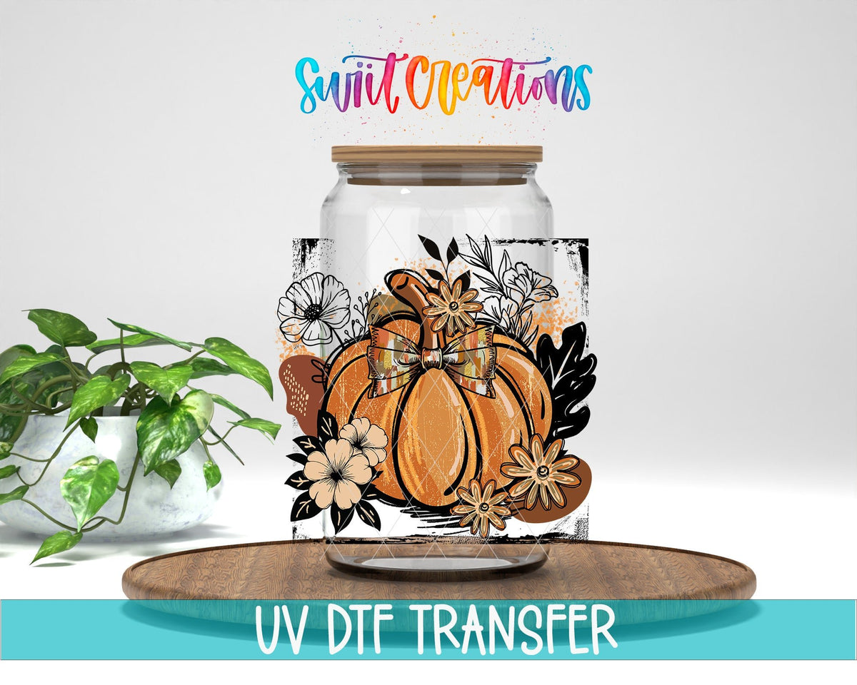 Retro Boho Pumpkin UV DTF transfer displayed on a clear jar mockup from Swiit Creations