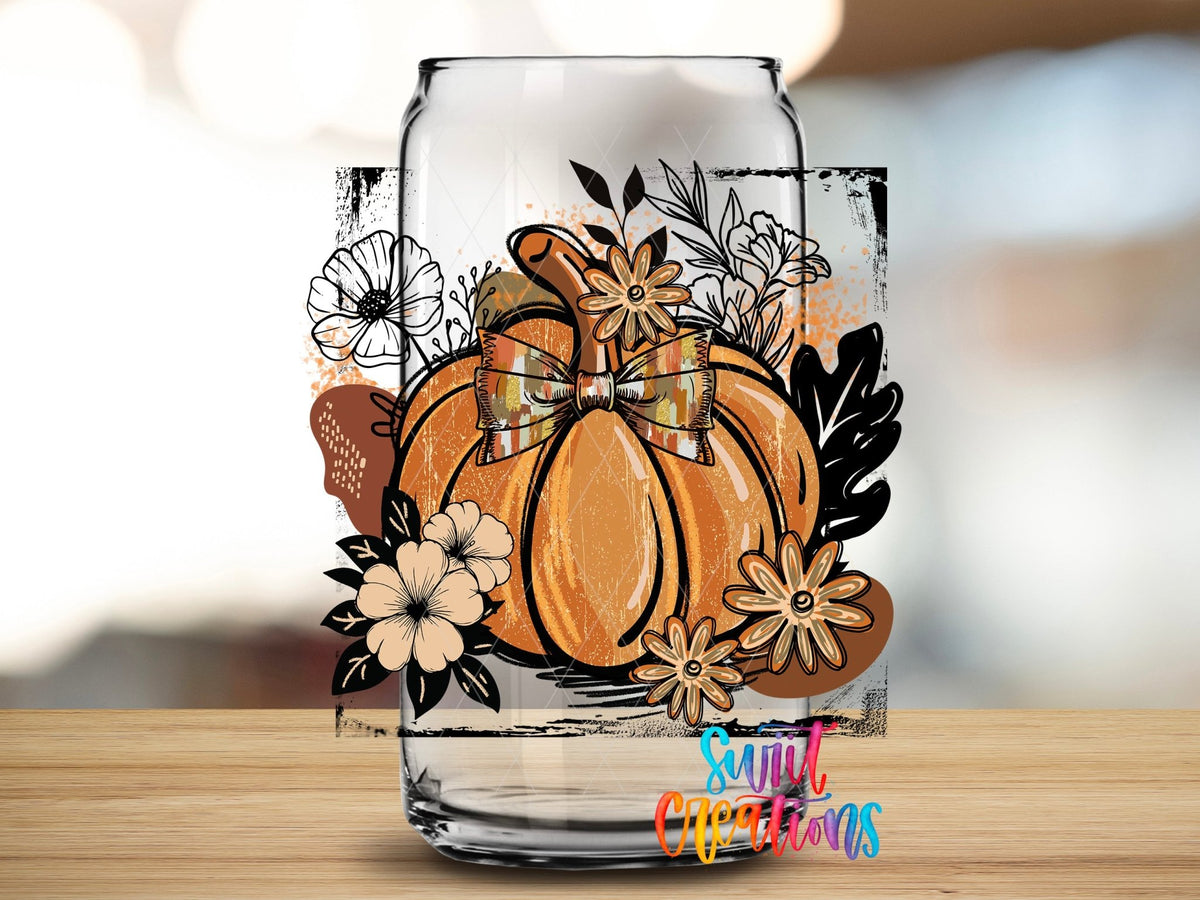 Retro Boho Pumpkin UV DTF transfer applied to a clear glass can from Swiit Creations