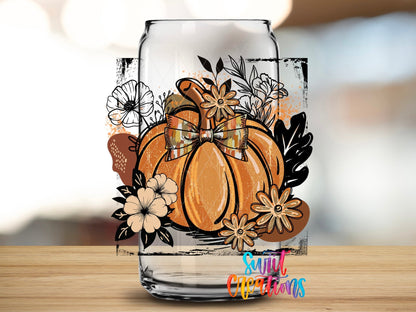 Retro Boho Pumpkin UV DTF transfer applied to a clear glass can from Swiit Creations