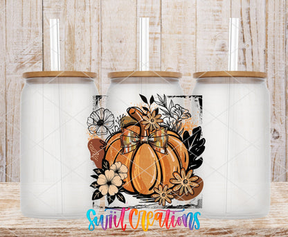 Retro Boho Pumpkin UV DTF transfer applied to a clear glass can set from Swiit Creations