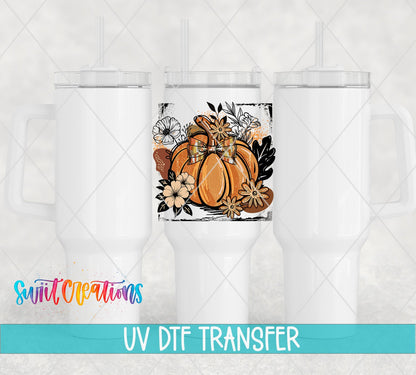 Retro Boho Pumpkin UV DTF transfer applied to a white tumbler set from Swiit Creations