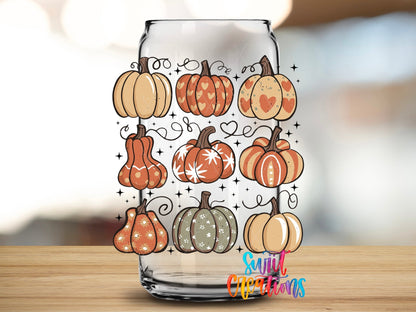 Retro Pumpkin UV DTF transfer applied to a clear glass can from Swiit Creations