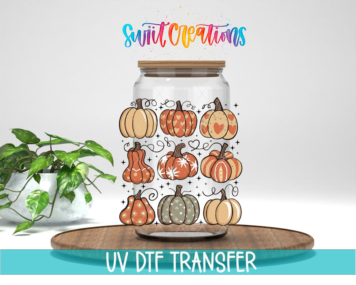 Retro Pumpkin UV DTF transfer displayed on a clear jar mockup from Swiit Creations