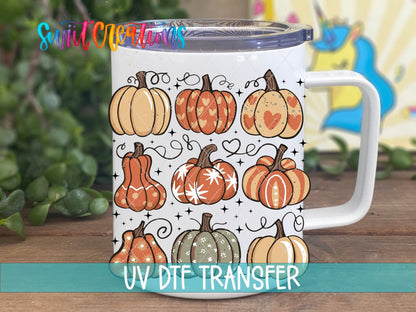 Retro Pumpkin UV DTF transfer displayed on a white coffee mug from Swiit Creations