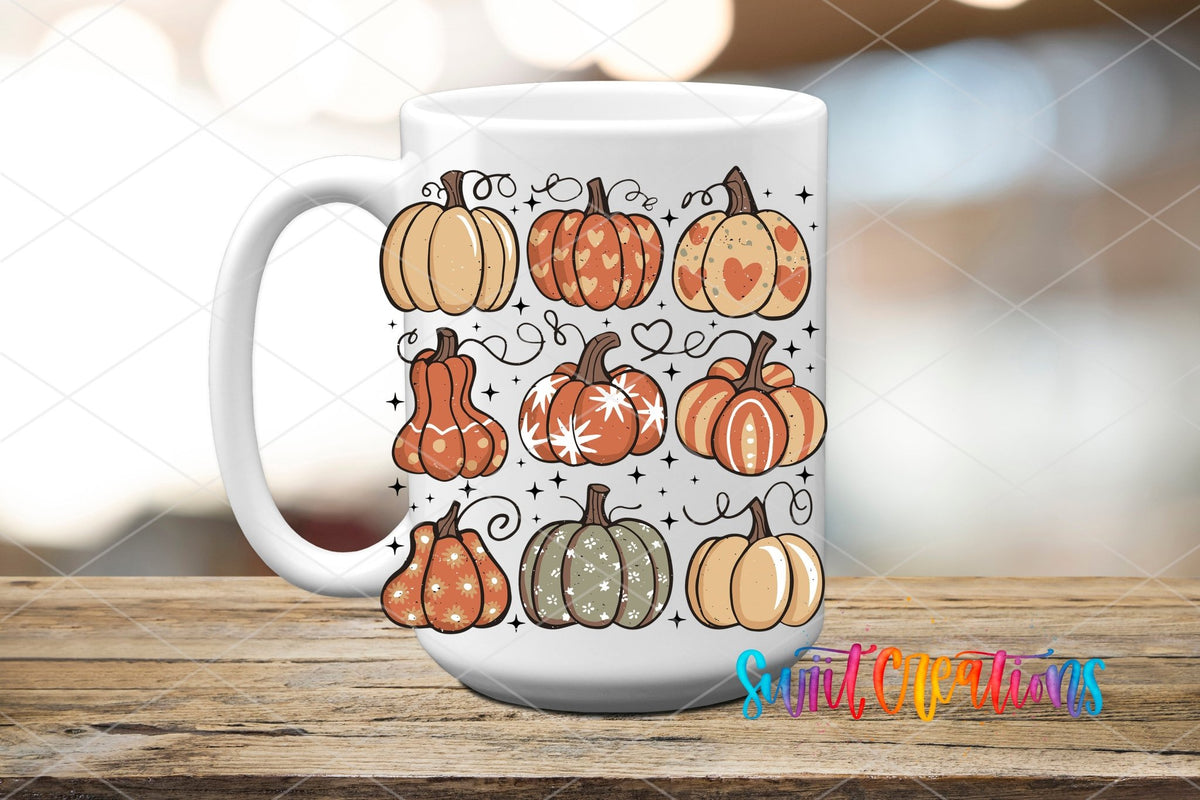 Retro Pumpkin UV DTF transfer displayed on a white ceramic mug from Swiit Creations