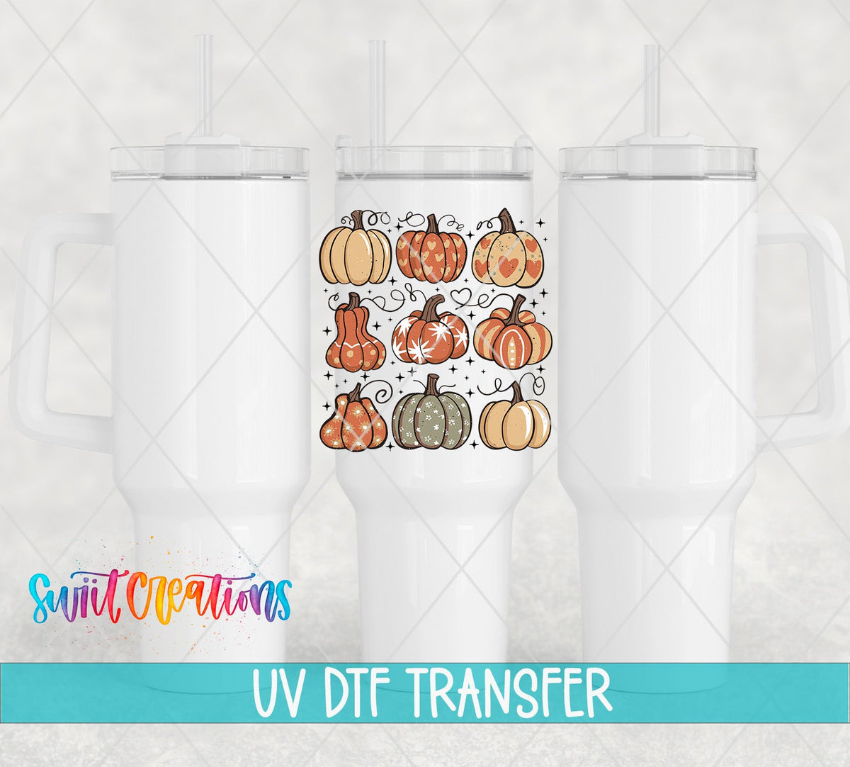 Retro Pumpkin UV DTF transfer applied to a white tumbler set from Swiit Creations