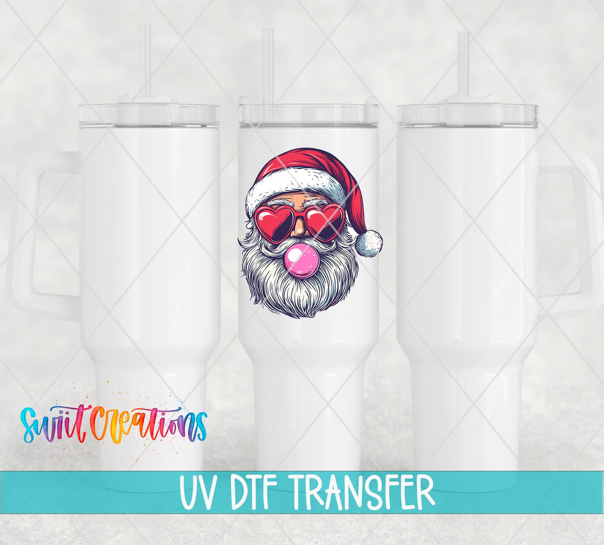 Swiit Creations UV DTF Retro Santa Heart Sunglasses Bubble Gum transfer shown on a white tumbler set
