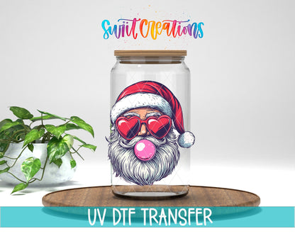 Swiit Creations UV DTF Retro Santa Heart Sunglasses Bubble Gum transfer displayed on a clear jar mockup