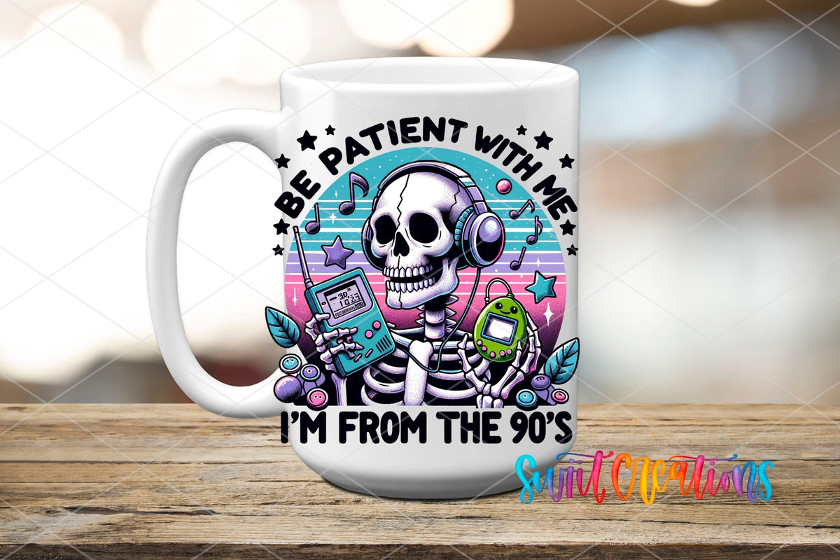 Retro Skeleton I’m From The 90’s UV DTF transfer displayed on a white ceramic mug from Swiit Creations
