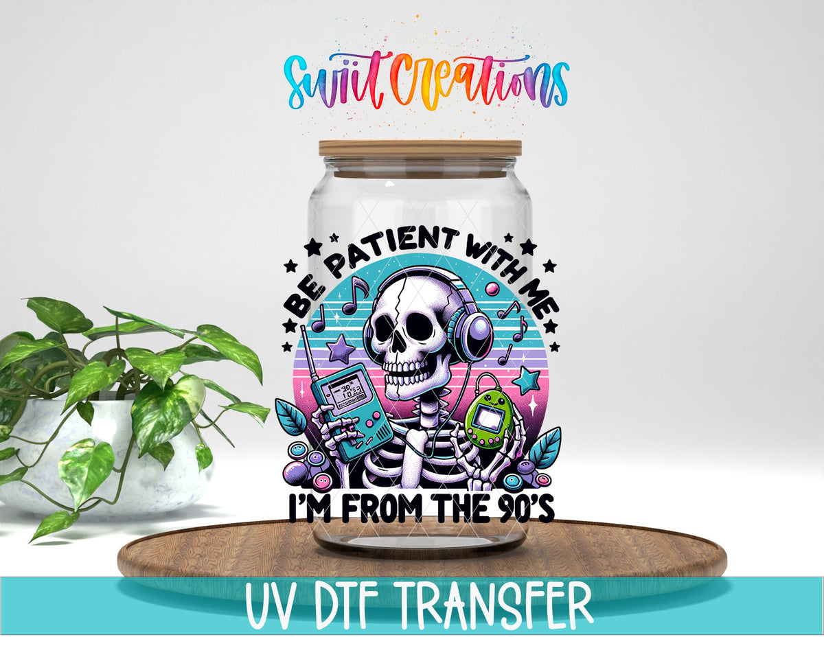 Retro Skeleton I’m From The 90’s UV DTF transfer displayed on a clear jar mockup from Swiit Creations