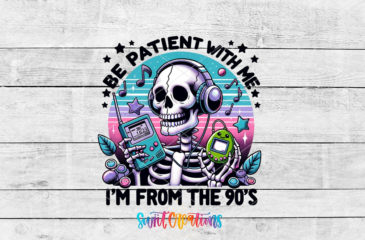 Retro Skeleton I’m From The 90’s UV DTF transfer shown as a full artwork preview from Swiit Creations