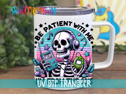 Retro Skeleton I’m From The 90’s UV DTF transfer displayed on a white coffee mug from Swiit Creations
