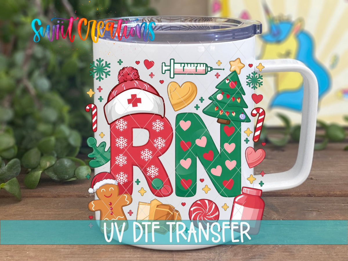 Swiit Creations UV DTF RN Christmas Nurse transfer displayed on a white coffee mug