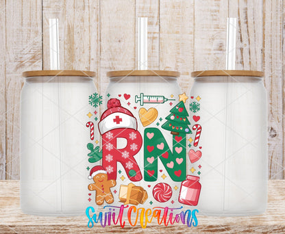 Swiit Creations UV DTF RN Christmas Nurse transfer shown on a clear glass can set