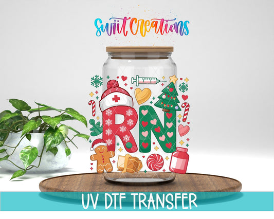 Swiit Creations UV DTF RN Christmas Nurse transfer displayed on a clear jar mockup