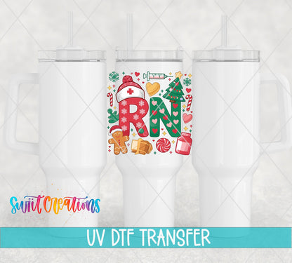 Swiit Creations UV DTF RN Christmas Nurse transfer shown on a white tumbler set