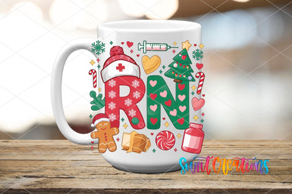 Swiit Creations UV DTF RN Christmas Nurse transfer applied to a white ceramic mug