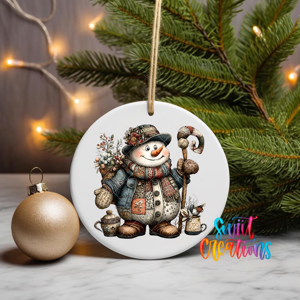 Rustic Patchwork Snowman Ornament UV DTF Transfer | Folk Art Snowman with Winter Florals and Curved Staff | O-1896 - Swiit Creations
