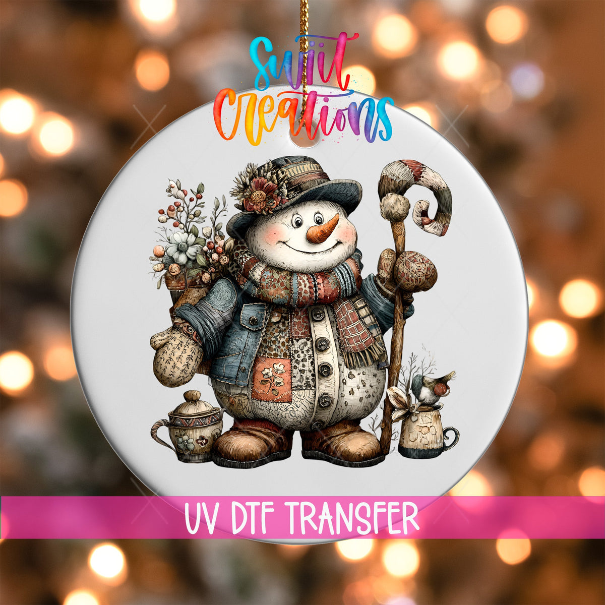 Rustic Patchwork Snowman Ornament UV DTF Transfer | Folk Art Snowman with Winter Florals and Curved Staff | O-1896 - Swiit Creations
