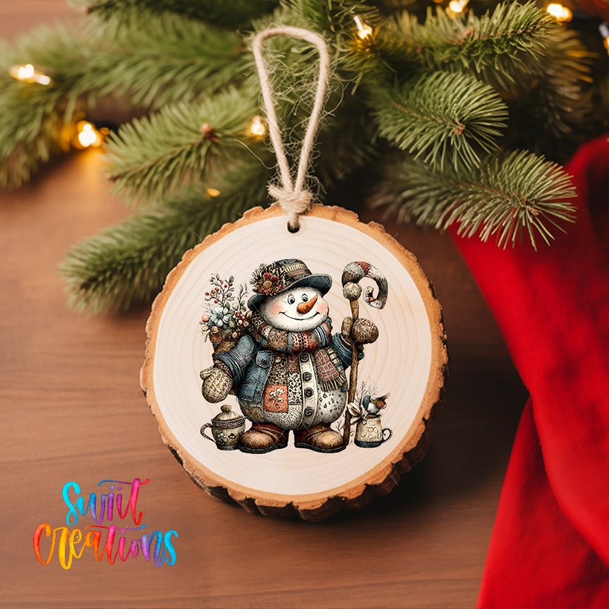 Rustic Patchwork Snowman Ornament UV DTF Transfer | Folk Art Snowman with Winter Florals and Curved Staff | O-1896 - Swiit Creations