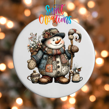Rustic Patchwork Snowman Ornament UV DTF Transfer | Folk Art Snowman with Winter Florals and Curved Staff | O-1896 - Swiit Creations