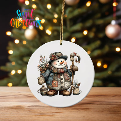 Rustic Patchwork Snowman Ornament UV DTF Transfer | Folk Art Snowman with Winter Florals and Curved Staff | O-1896 - Swiit Creations