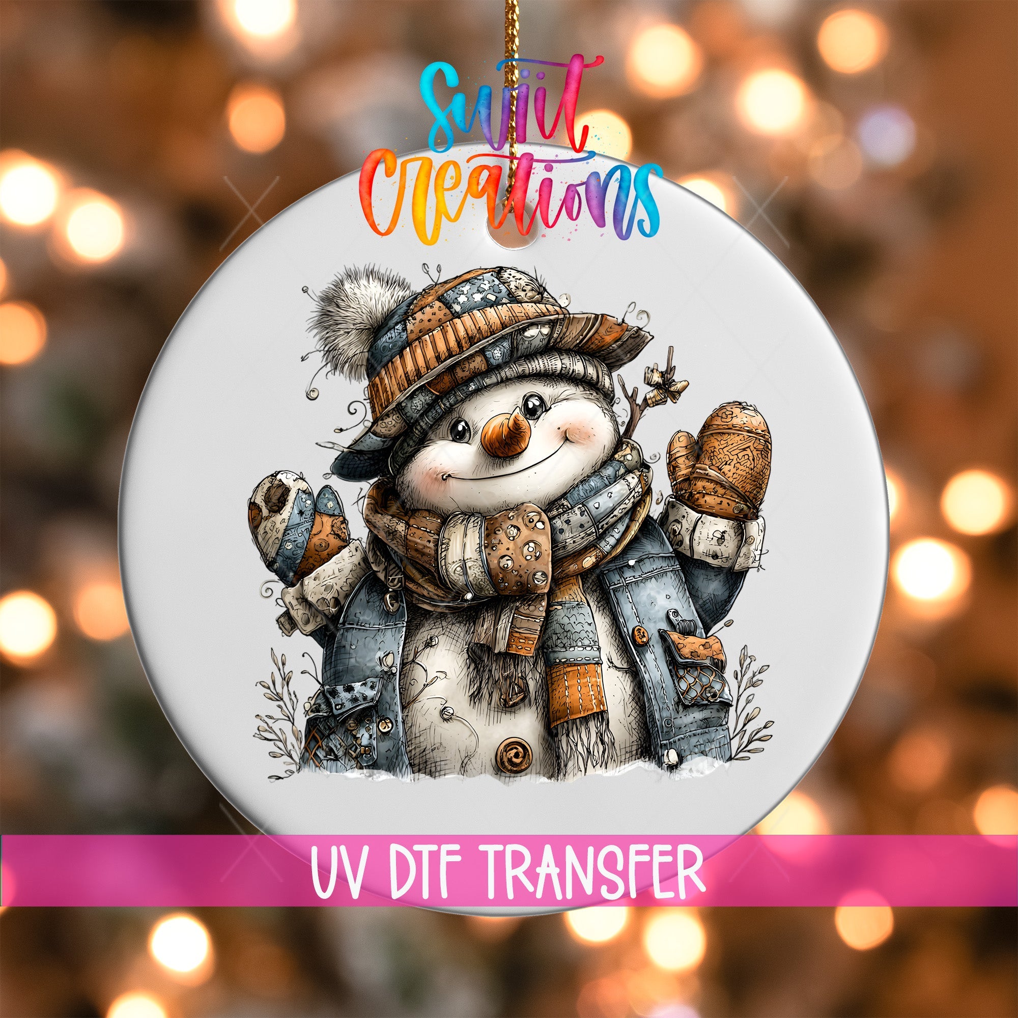Rustic Patchwork Snowman UV DTF Ornament Transfer | O-1907 - Swiit Creations