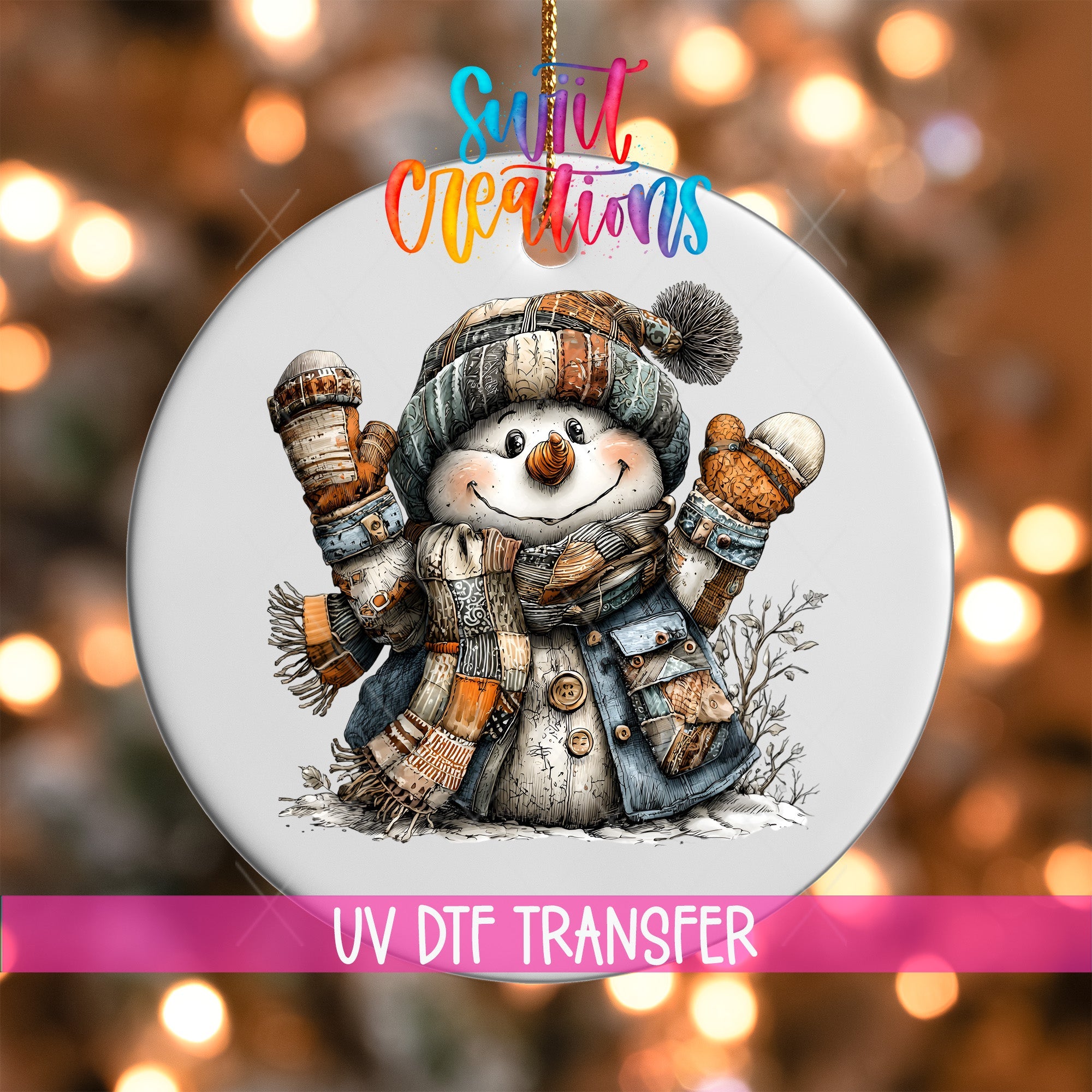 Rustic Patchwork Snowman UV DTF Ornament Transfer | O-1908 - Swiit Creations