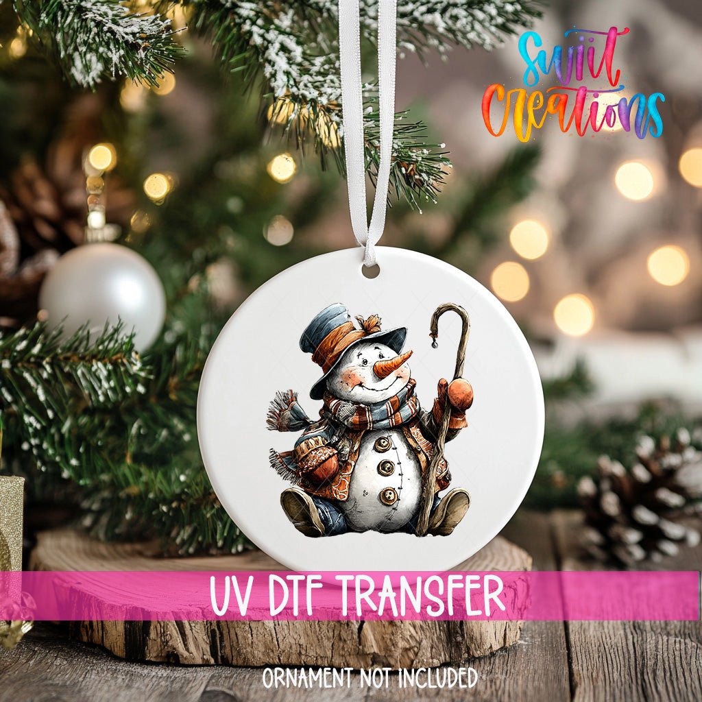 Rustic Snowman With Walking Stick UV DTF Ornament Transfer | O-1905 - Swiit Creations