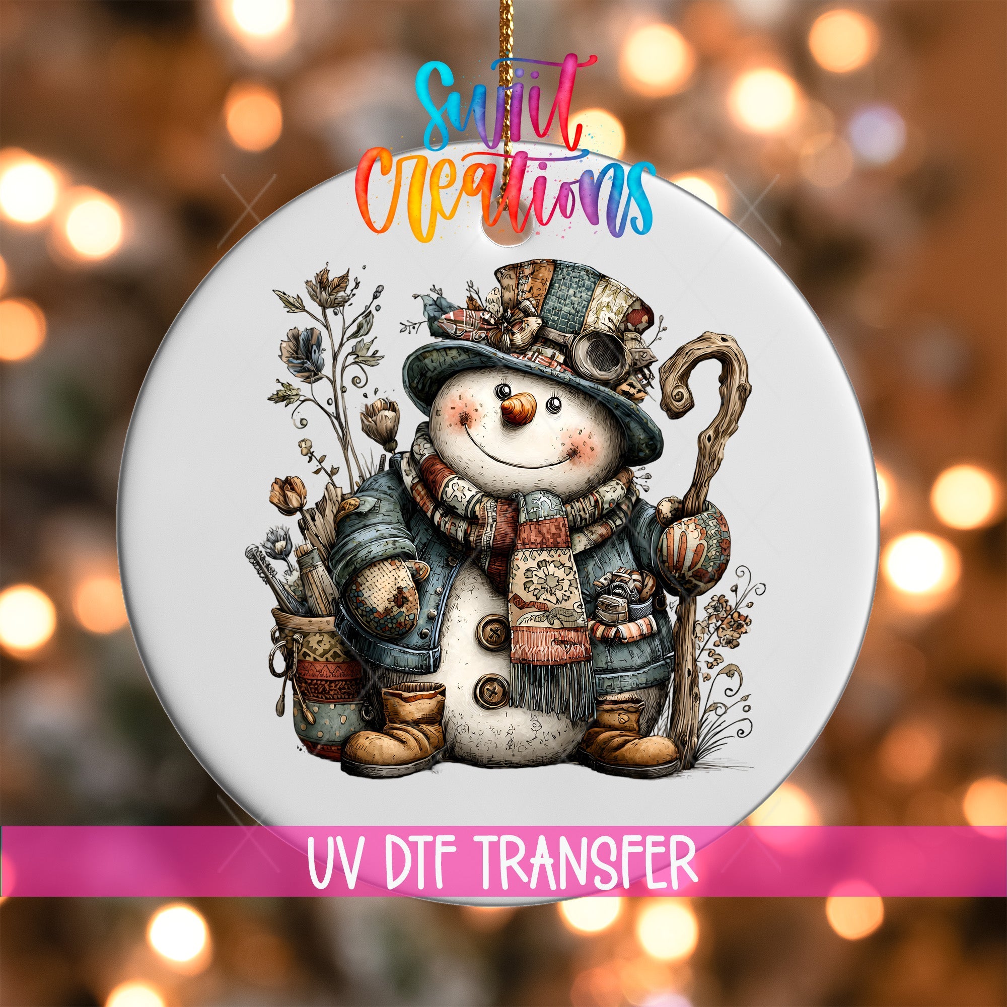 Rustic Vintage Snowman UV DTF Ornament Transfer | O-1903 - Swiit Creations
