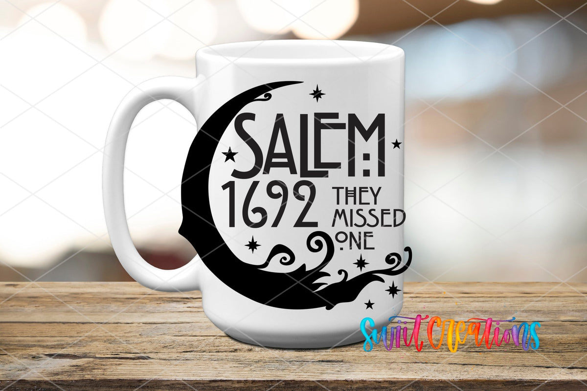 Salem 1692 They Missed One UV DTF transfer displayed on a white ceramic mug from Swiit Creations